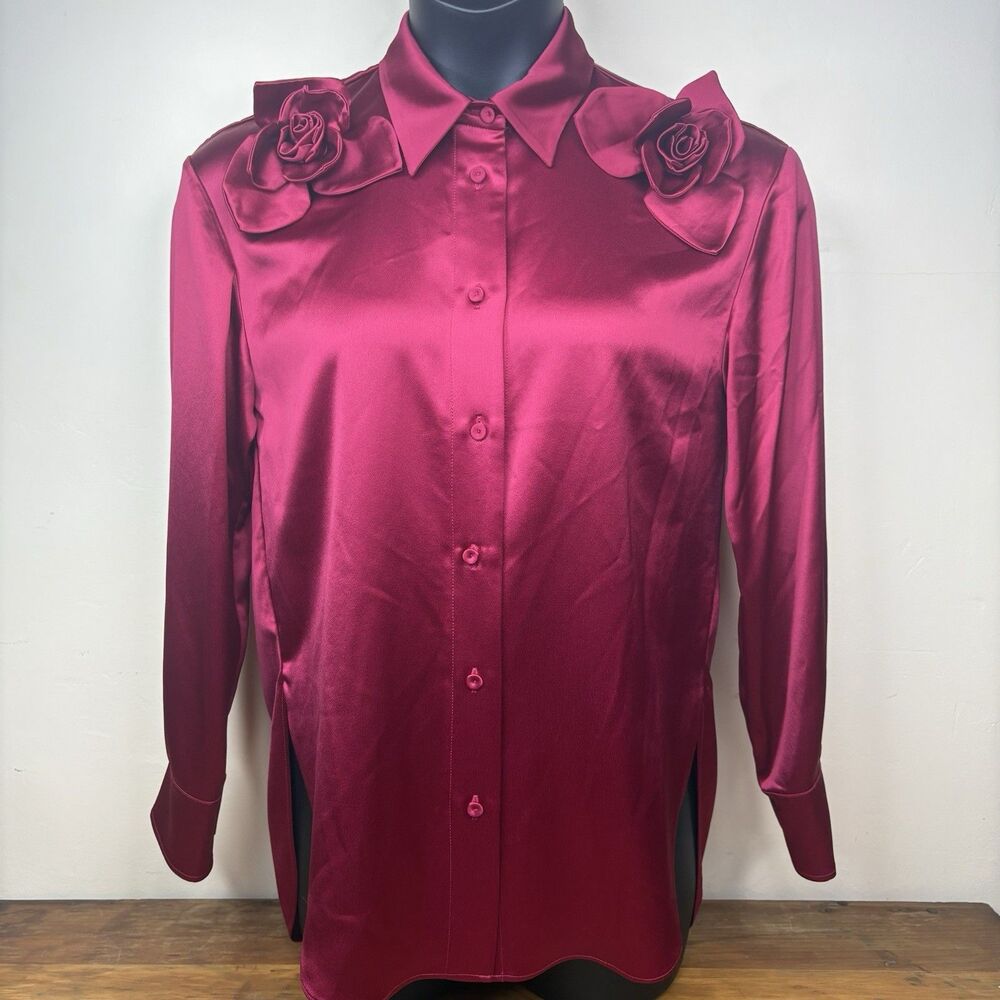 NWT AKNVAS Flor Satin Two Roses Button Down Shirt Poppy XS Saks Selena Gomez